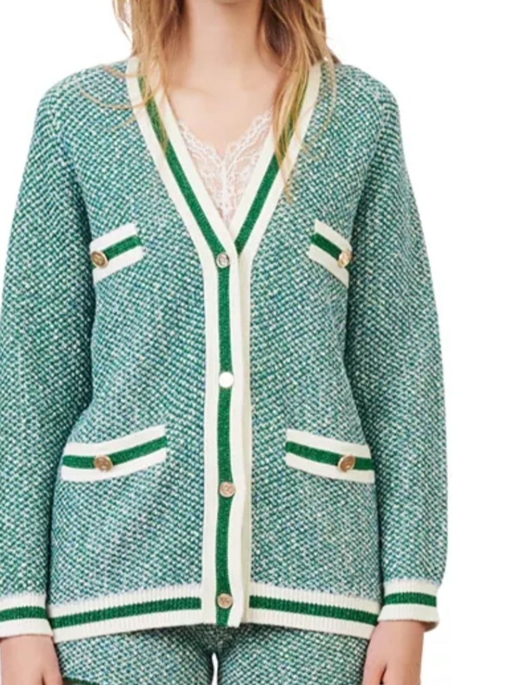 Maje Green V-Neck Cardigan with Cream Trim, Size 2, Gold Buttons, Metallic